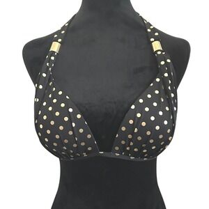 Victoria's Secret Bikini Top Large Black Gold Polka Dot Bombshell Push Up Halter